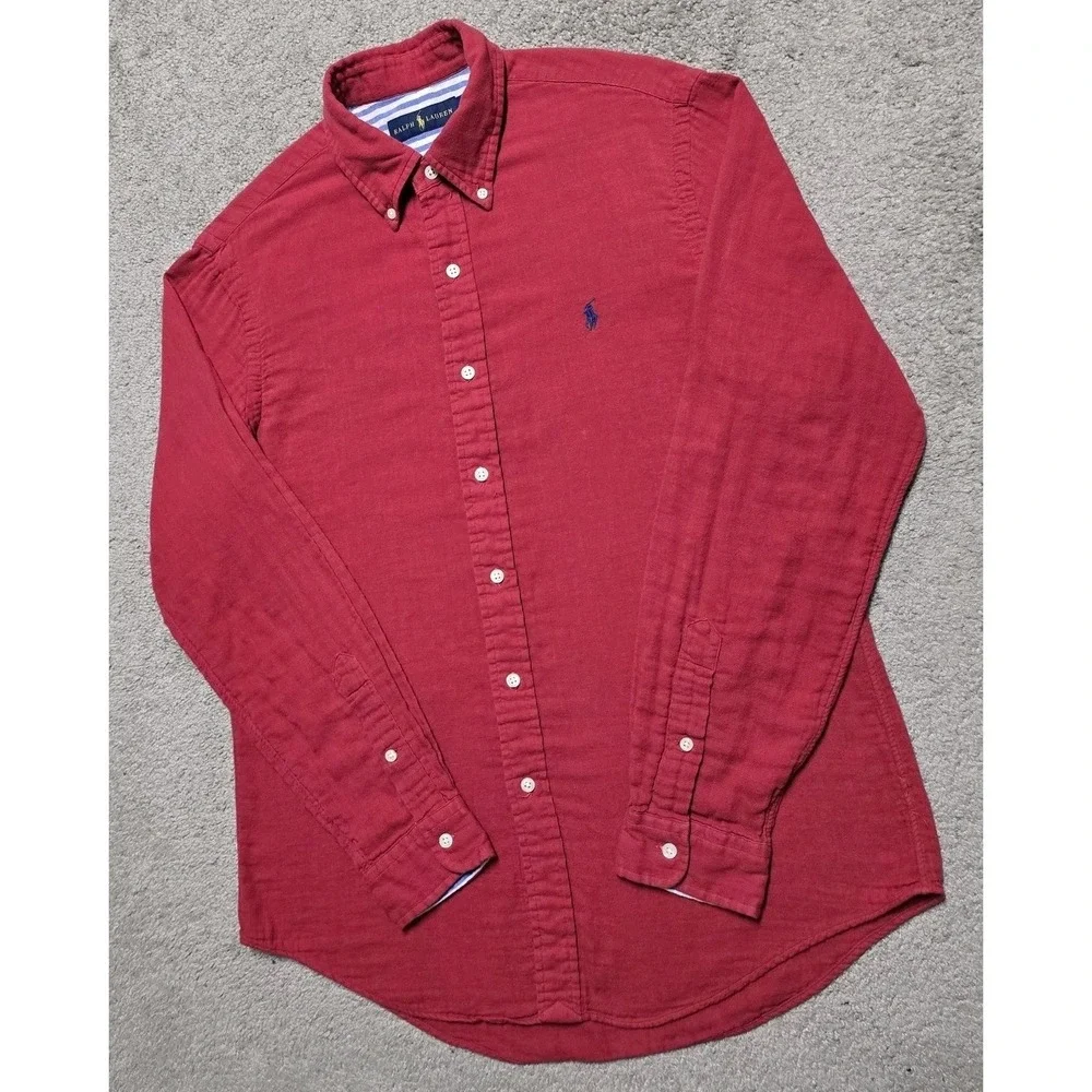 Polo Ralph Lauren Slub Cotton Flannel Shirt Mens M Red Button Down Pony EUC